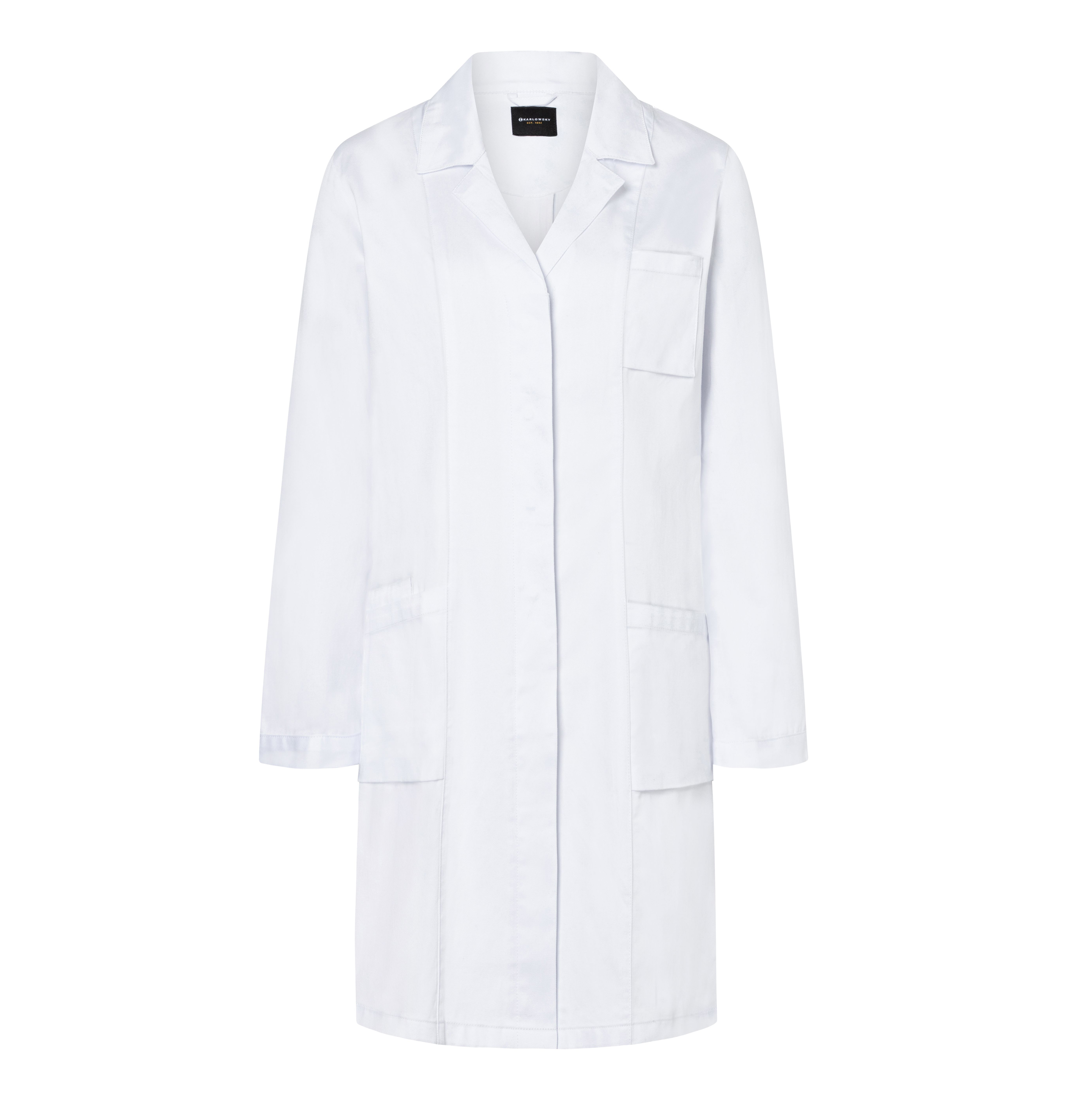 LADIES' MEDICAL AND LAB COAT WITH LABEL COLLAR AND CONCEALED BUTTON PLACKET