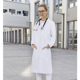 LADIES' MEDICAL AND LAB COAT WITH LABEL COLLAR AND CONCEALED BUTTON PLACKET